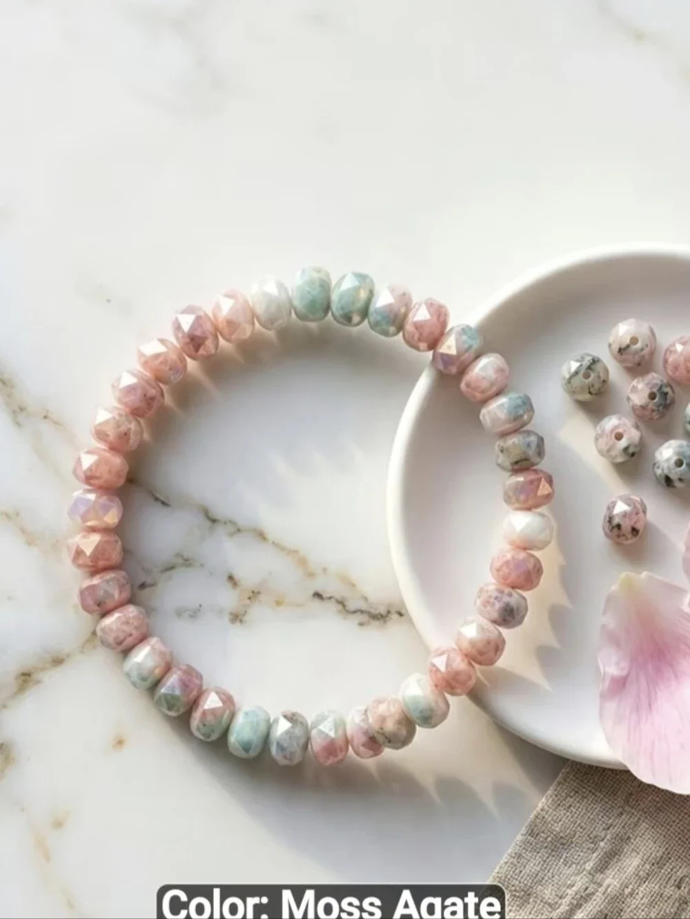 🩷💜NEW🩷💜 PRETTY!! Faceted MOSS AGATE With MOONSTONE Mix Stretch Bracelet